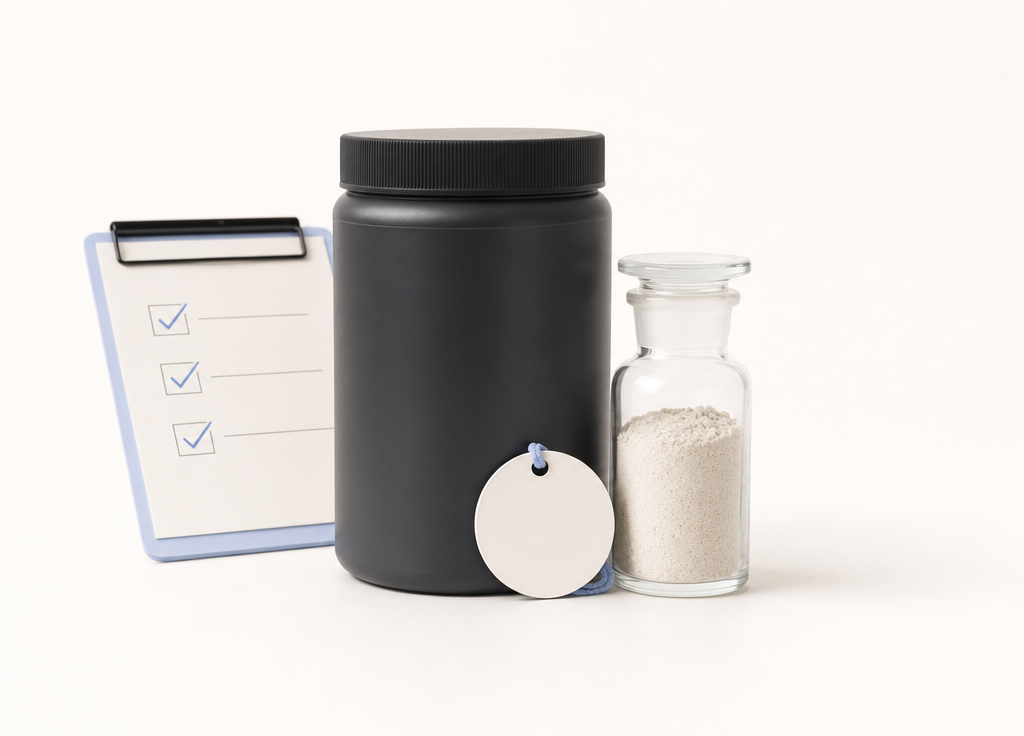 Minimal still life of an unbranded sport supplement container, clear lab vial, and blank certification tag on a light background.
