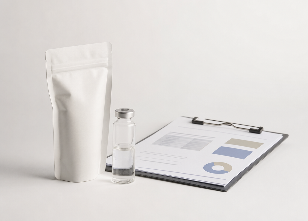 Minimal still life of an unbranded supplement pouch, clear lab vial, and clipboard on a light background.