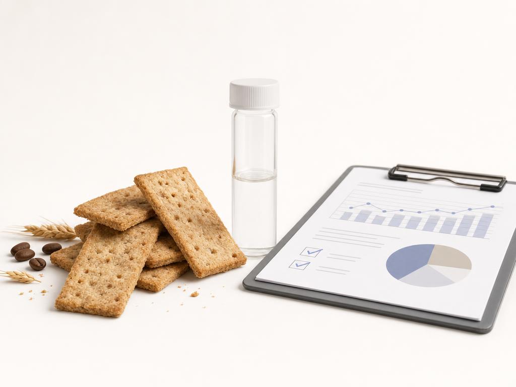 Unbranded toasted crackers, coffee beans, a lab vial, and a testing checklist on a light background.