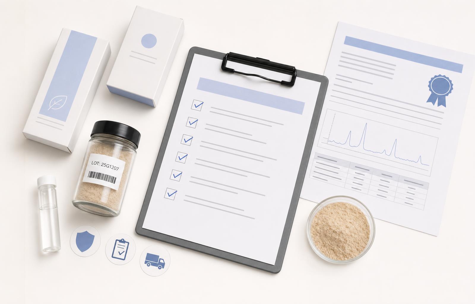 Unbranded supplier qualification checklist, ingredient sample jar, lab vial, packaging boxes, and COA-style report on a light lab bench.