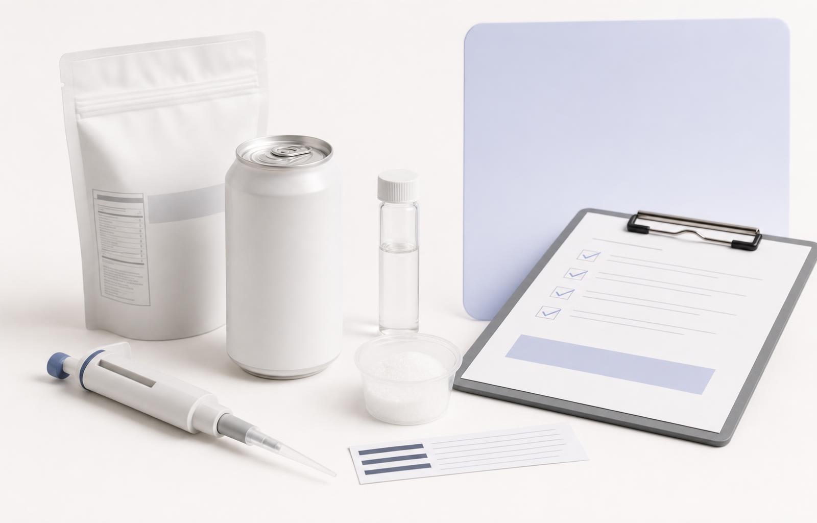 Unbranded zero-sugar product packaging, a lab vial, a pipette, a sample cup, and a quality-control checklist on a light background.