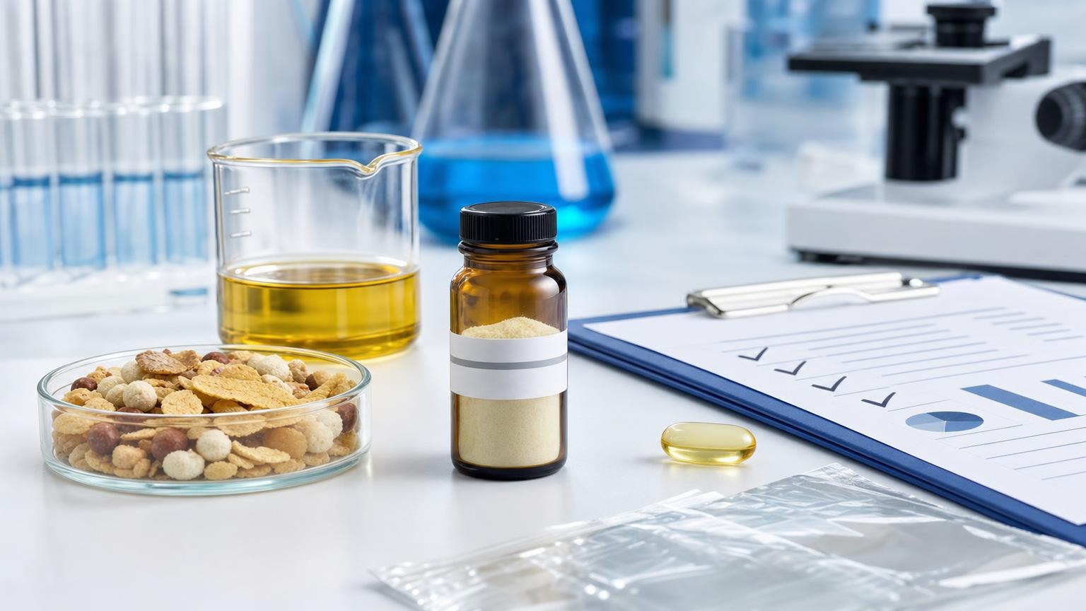 A BHA sample vial, oil beaker, cereal ingredients, supplement softgel, packaging film, and quality checklist on a clean lab bench.