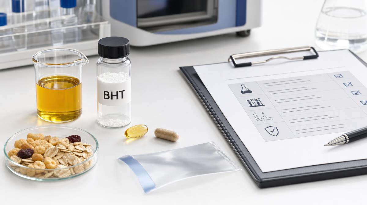 A BHT sample vial, oil beaker, cereal ingredients, supplement capsule, packaging film, and quality checklist on a clean lab bench.