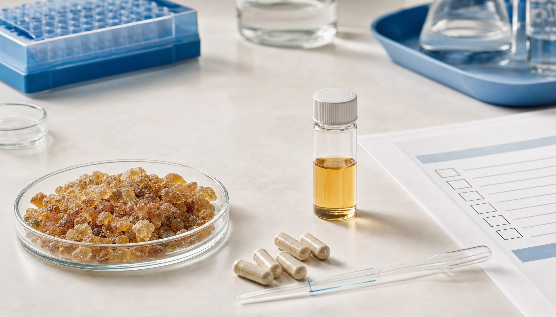 Boswellia resin, supplement capsules, a lab vial, and a quality checklist on a clean laboratory bench.