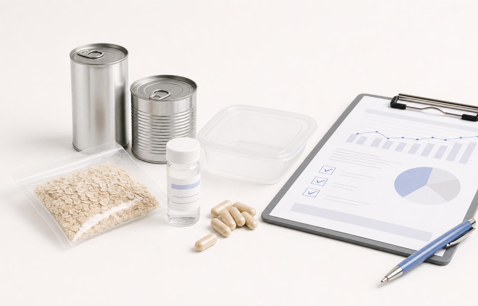 Unbranded food cans, a clear plastic container, supplement capsules, a sample vial, and a compliance testing report on a white lab bench.