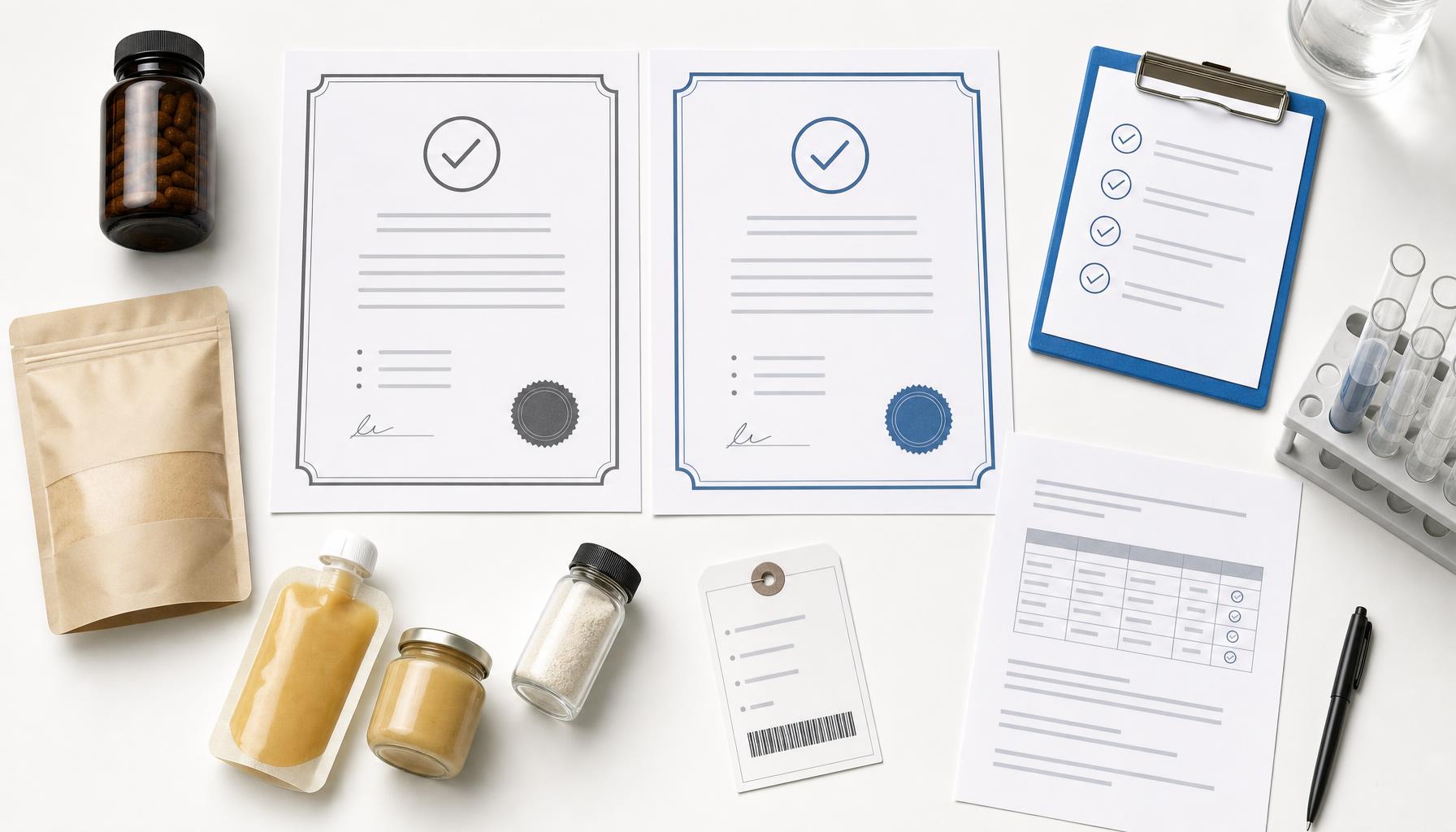 Unbranded certificate of conformance, COA-style lab report, product lot label, sample vial, supplement bottle, baby-food pouch, and compliance checklist on a light lab bench.