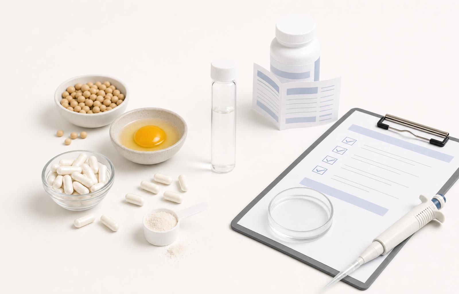 Choline supplement capsules, powder, egg yolk, soybeans, a sample vial, and a quality checklist on a clean lab bench.