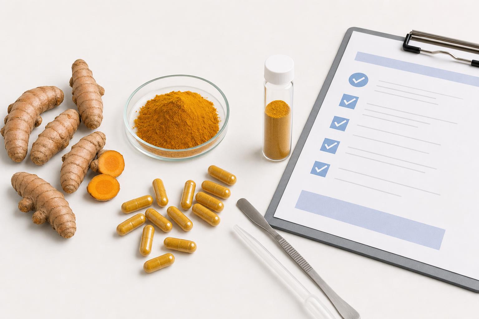 Turmeric roots, curcumin powder, supplement capsules, a sample vial, and a quality checklist on a clean lab bench.