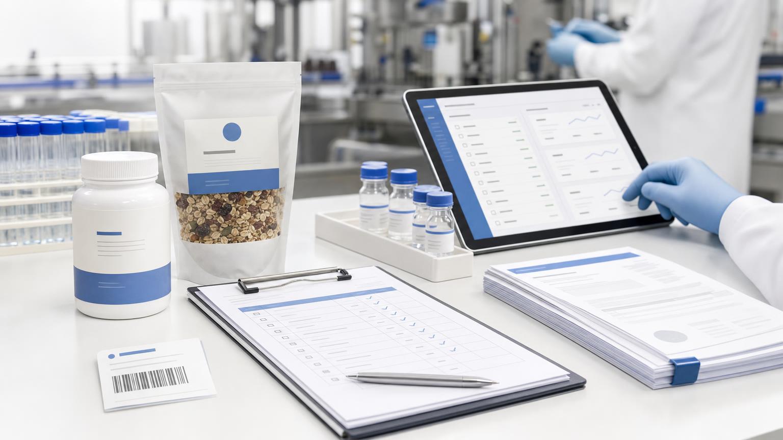 Food and supplement quality evidence workflow with lab samples, batch records, certificates of analysis, and a quality dashboard.