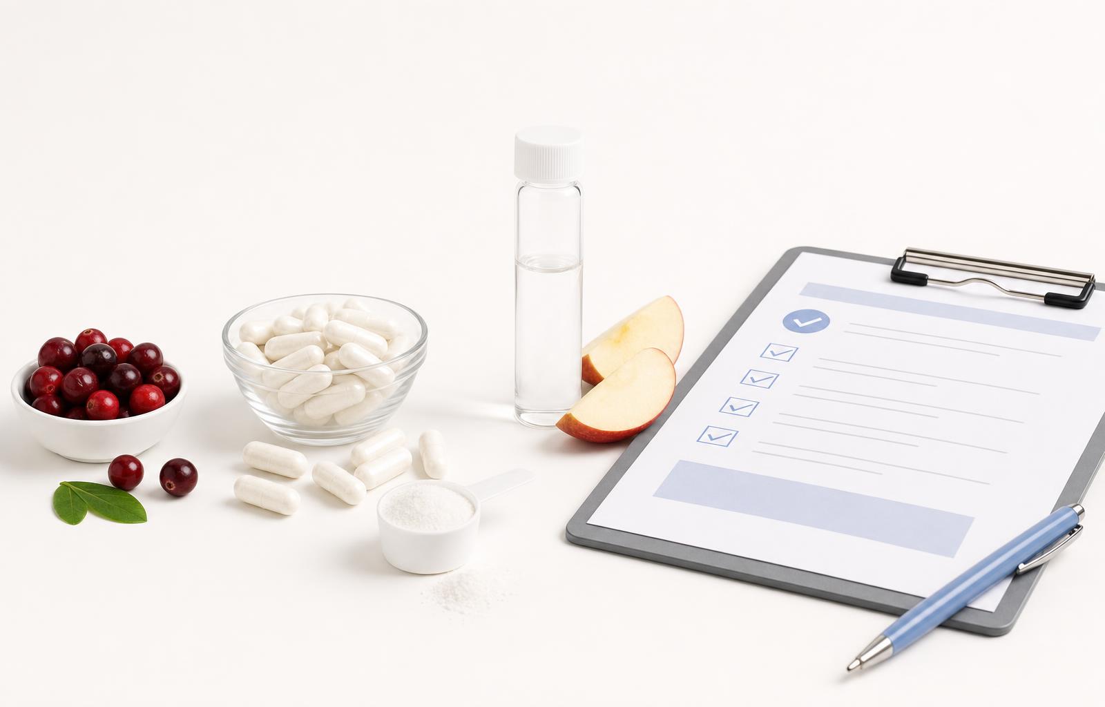 D-mannose capsules, powder, cranberries, apple slices, a lab vial, and a quality checklist on a light background.