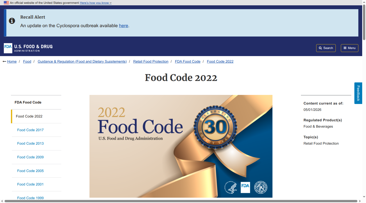 FDA Food Code 2022 page showing the current edition