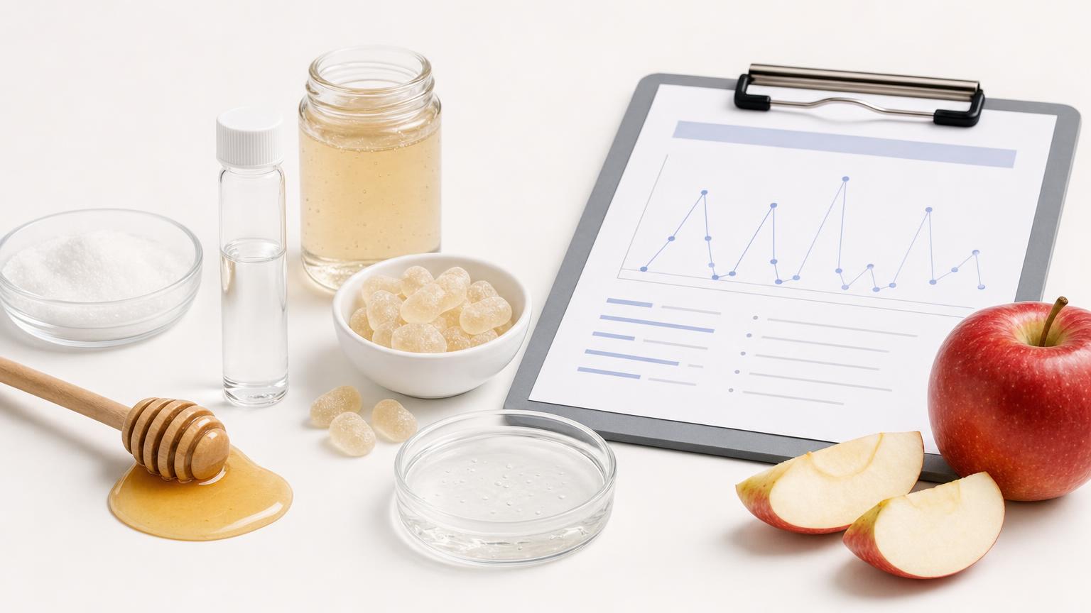 Fructose quality testing scene with honey, apple, gummy supplements, a sample vial, and a sugar profile chart on a clean lab bench.