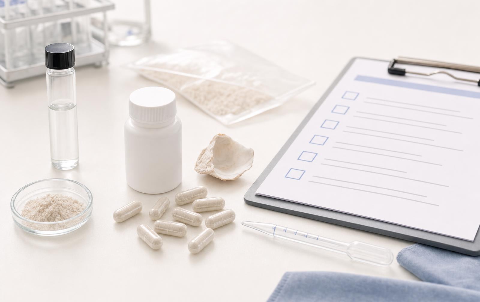 Unbranded glucosamine supplement capsules, shell material, a lab vial, and a quality checklist on a light lab bench.
