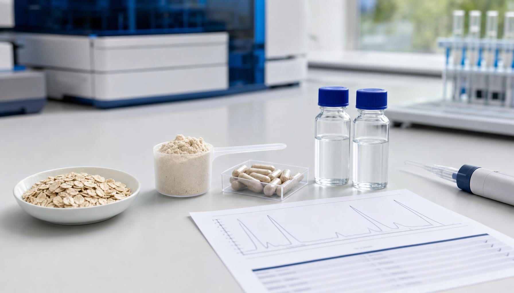 Oats, plant protein powder, supplement capsules, lab vials, pipette, and chromatogram-style quality record on a clean laboratory bench.