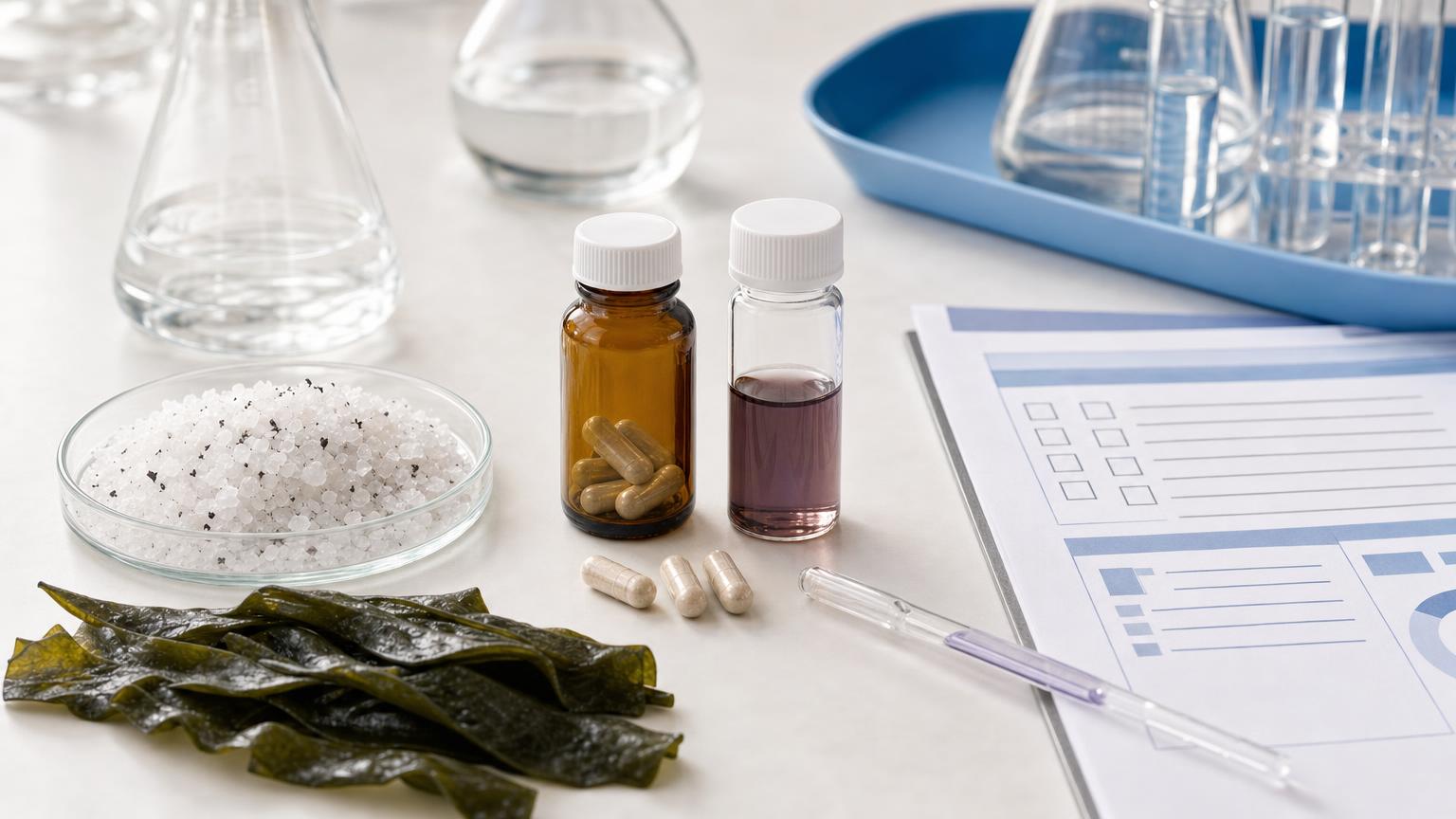 Iodized salt, kelp, supplement capsules, iodine solution, lab glassware, and a quality checklist on a clean Light Labs-style lab bench.