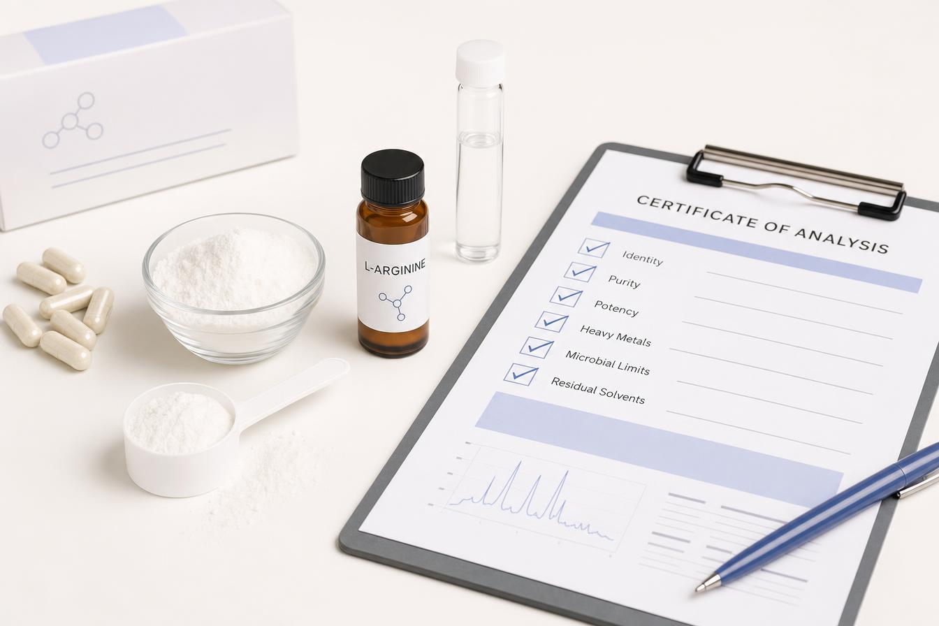 Unbranded L-arginine capsules, powder, sample vial, certificate of analysis checklist, and lab tools on a light lab bench.