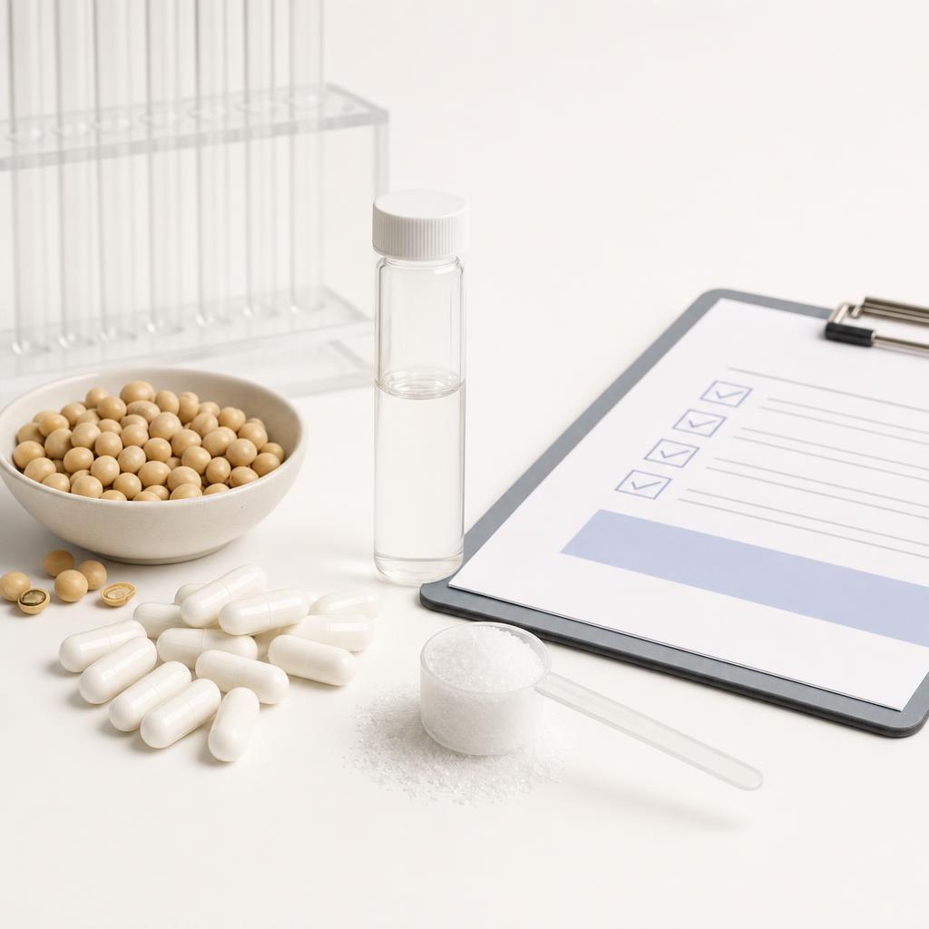 Unbranded L-lysine capsules, amino acid powder, soybeans, a sample vial, and a quality checklist on a clean lab bench.