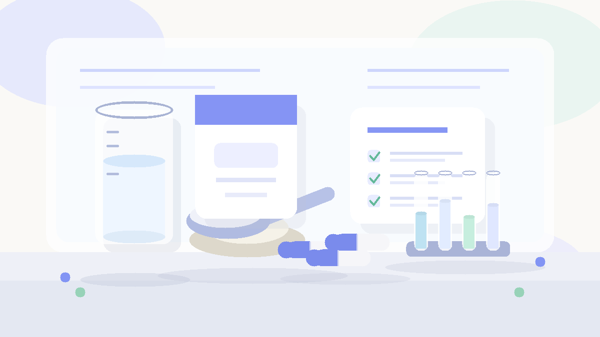 Illustration of milk, lactose powder, capsules, sample tubes, and a quality checklist on a clean lab bench.