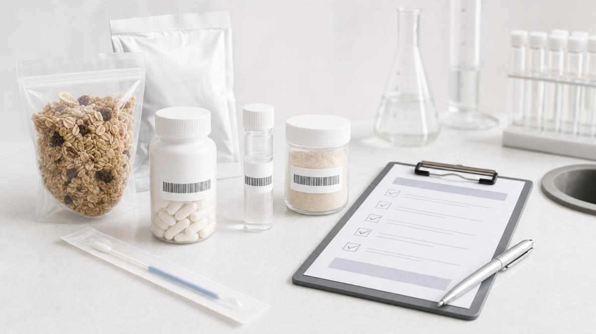 Unbranded sealed food packages, supplement capsules, sample containers, an unopened swab packet, and a compliance checklist on a clean lab bench.