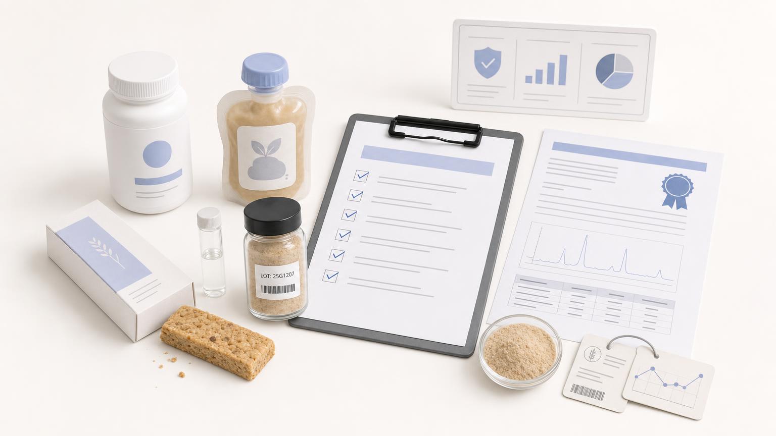 Food, supplement, and baby-food samples arranged with a lot release checklist, lab vial, COA report, and traceability labels.