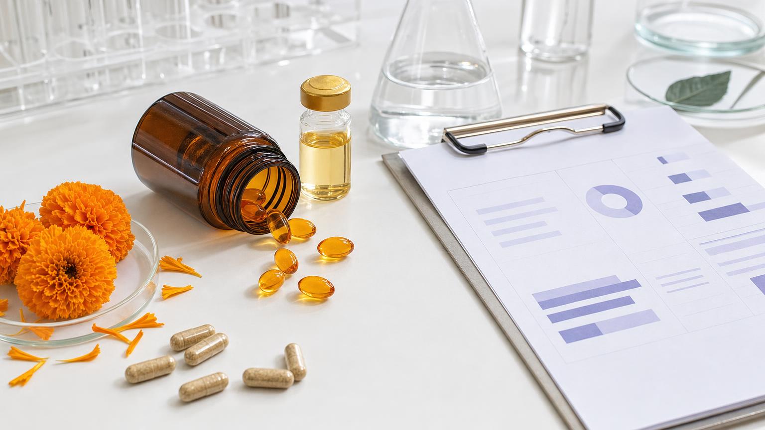Unbranded lutein supplement capsules, marigold petals, a lab vial, and a quality checklist on a light lab bench.