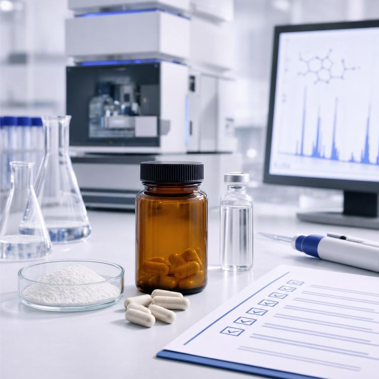 Amber supplement vial, NMN powder, capsules, lab glassware, a chromatogram screen, and a quality checklist on a clean lab bench.