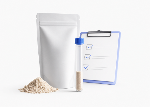 Minimal still life of Prop 65 testing materials with neutral pouch, clear vial, and clipboard on light background.