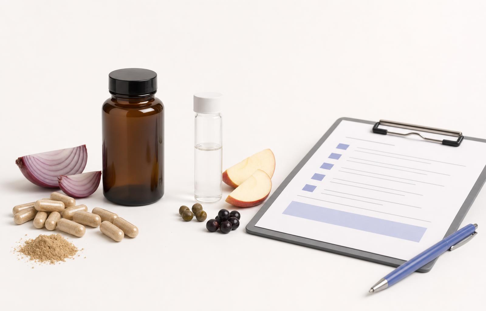 Quercetin-rich foods, supplement capsules, a lab vial, and a quality checklist on a light background.