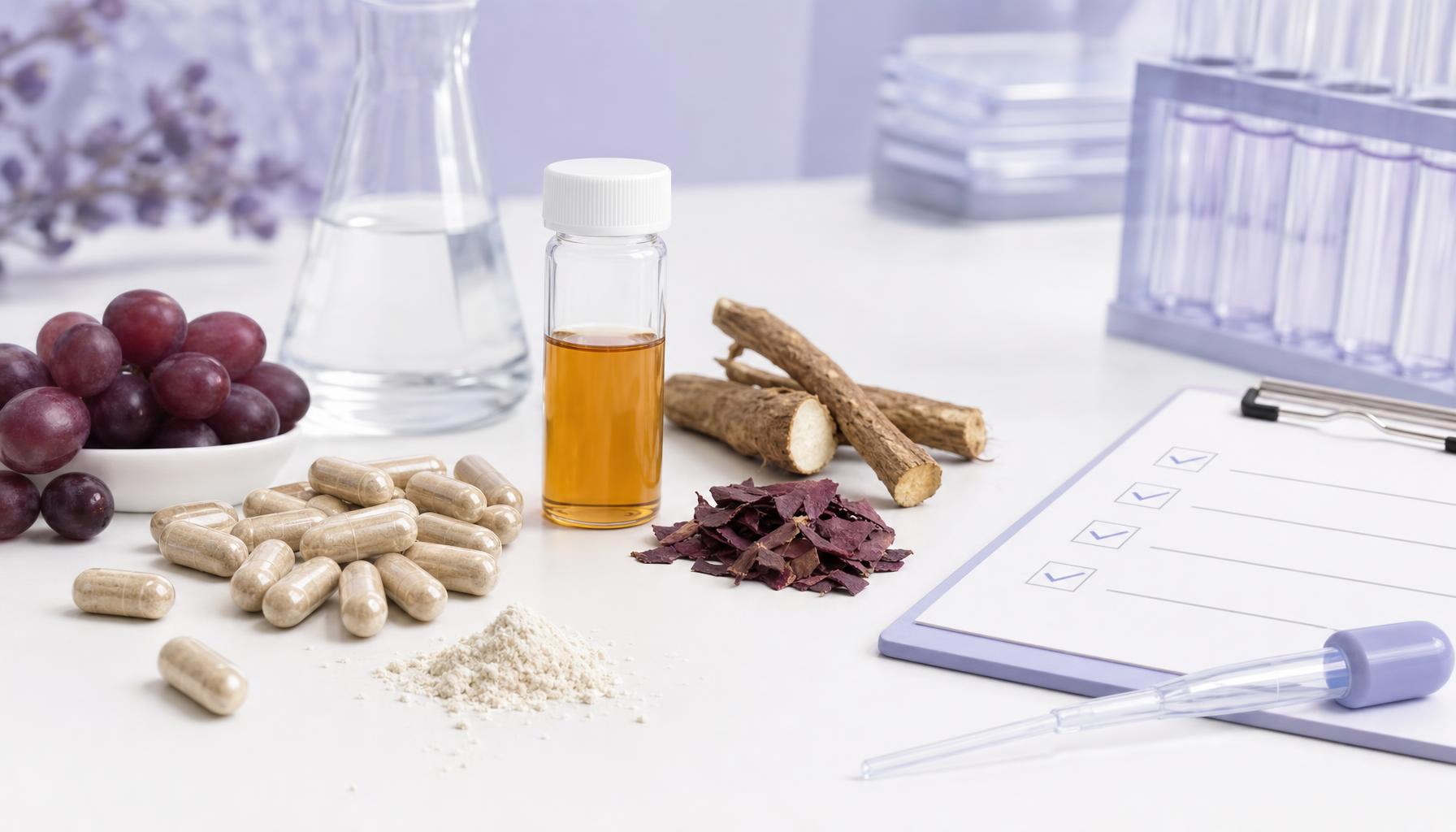 Unbranded resveratrol supplement capsules, grapes, botanical root, lab vial, pipette, and quality checklist on a light lab bench.