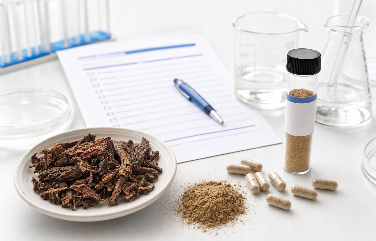 Dried Rhodiola rosea root, botanical powder, supplement capsules, a sample vial, and a quality checklist on a clean lab bench.