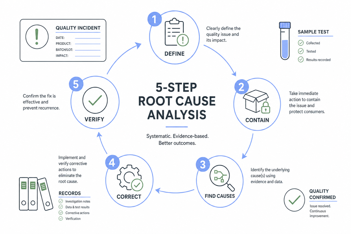 Five-step root cause analysis workflow from incident definition to verified corrective action