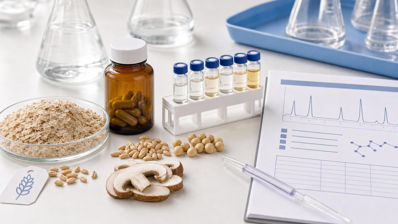 Wheat germ, soybeans, mushroom slices, supplement capsules, HPLC sample vials, and a COA worksheet arranged on a clean Light Labs-style lab bench.
