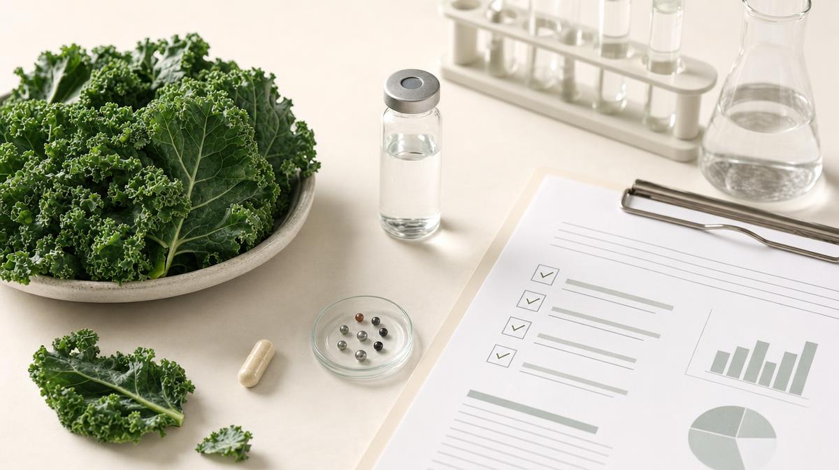 Kale, a supplement capsule, a lab vial, trace-metal sample beads, and a quality checklist on a light laboratory bench.