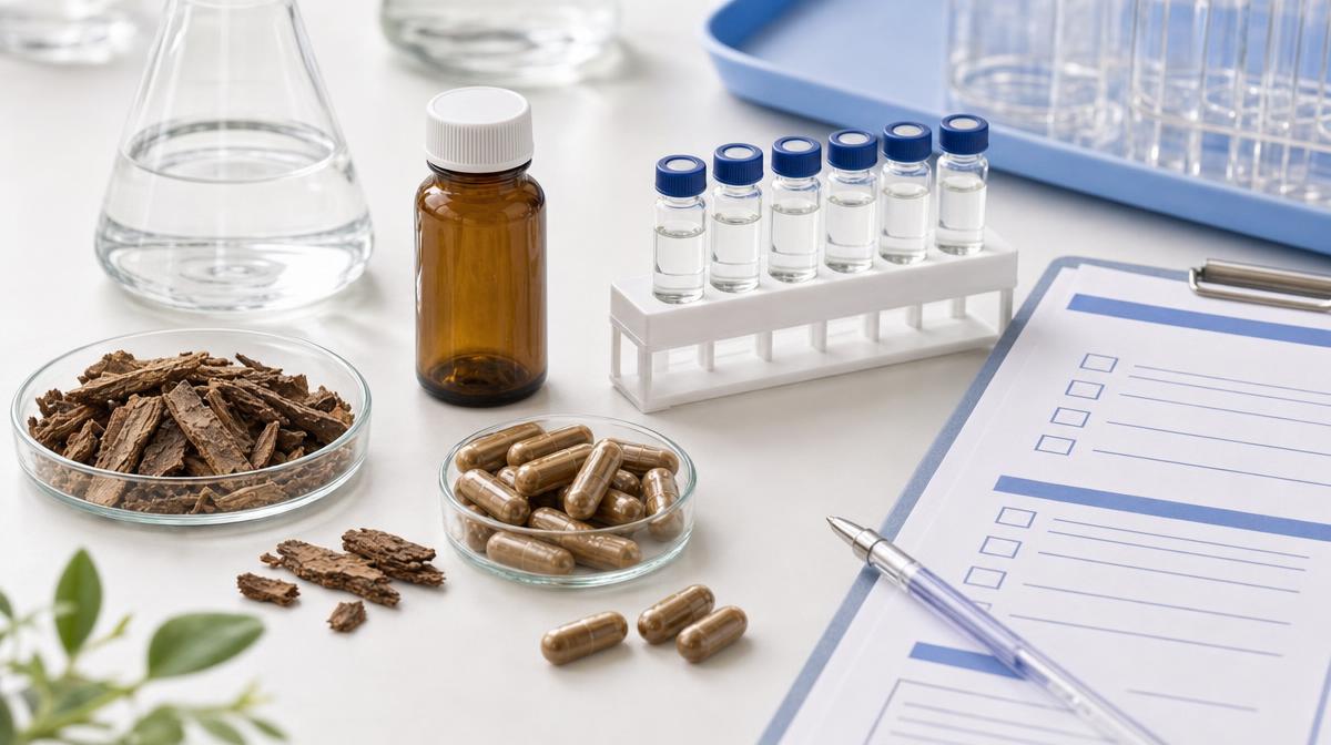 Yohimbe bark, supplement capsules, HPLC sample vials, and a COA checklist arranged on a clean Light Labs-style lab bench.